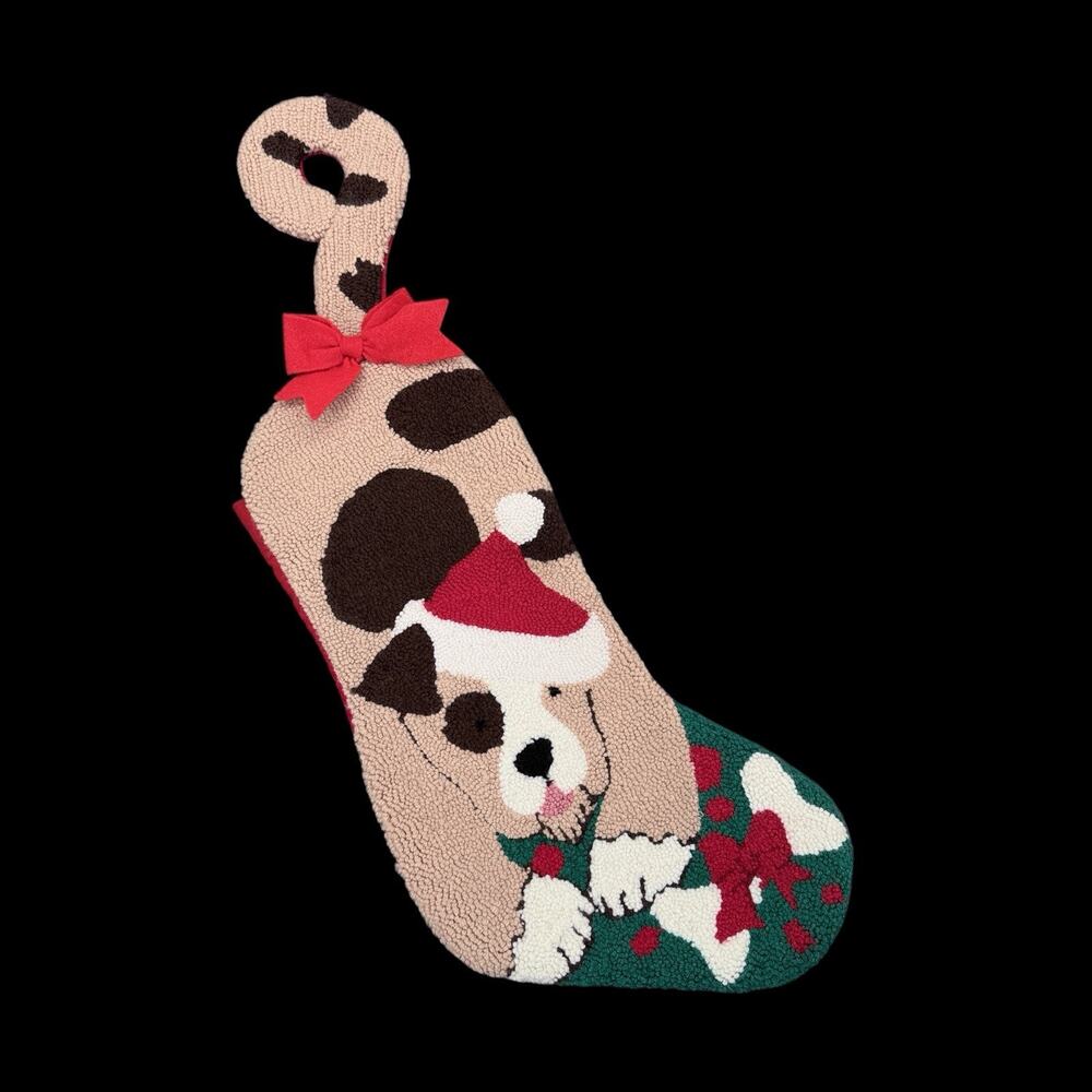 JCPenney Christmas Stocking Dog Santa Hat Hooked Rug 25 In Holiday Decor VTG